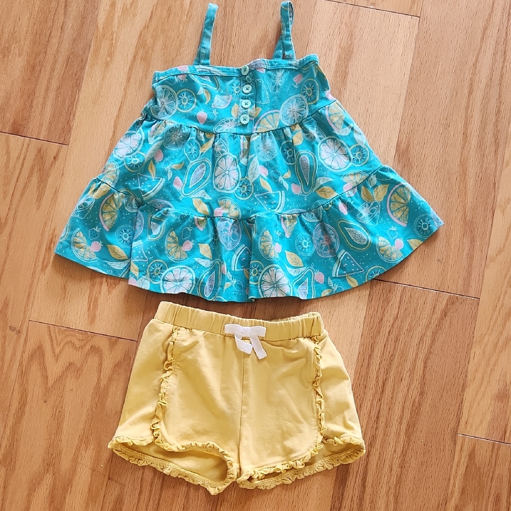 C&C California Kids Matching Set Teal Tiered Top And Yellow Shorts 24 Months